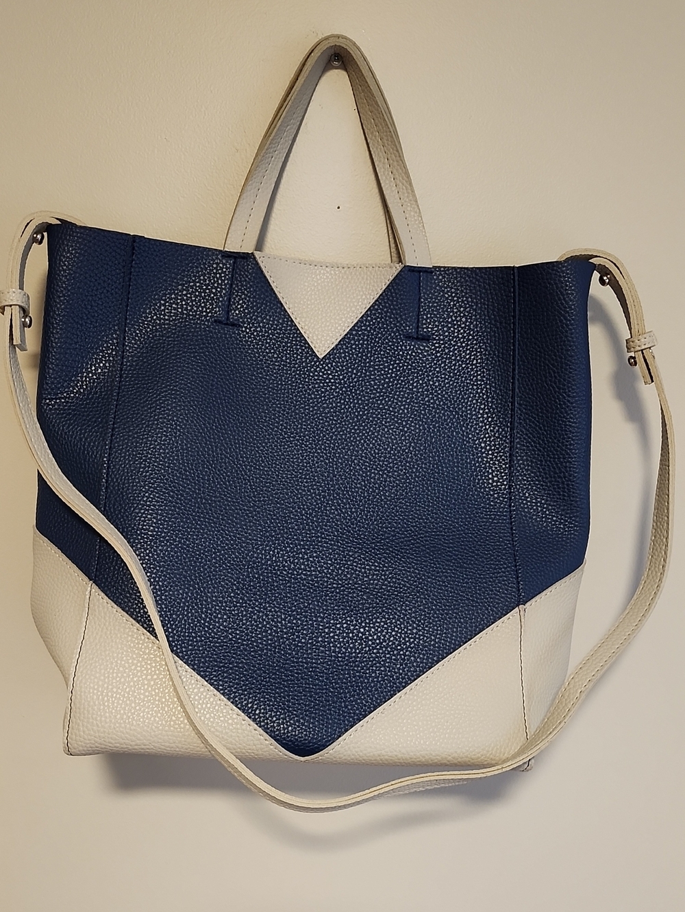 Brand New Two-Tone Navy and Cream Leather Handbag